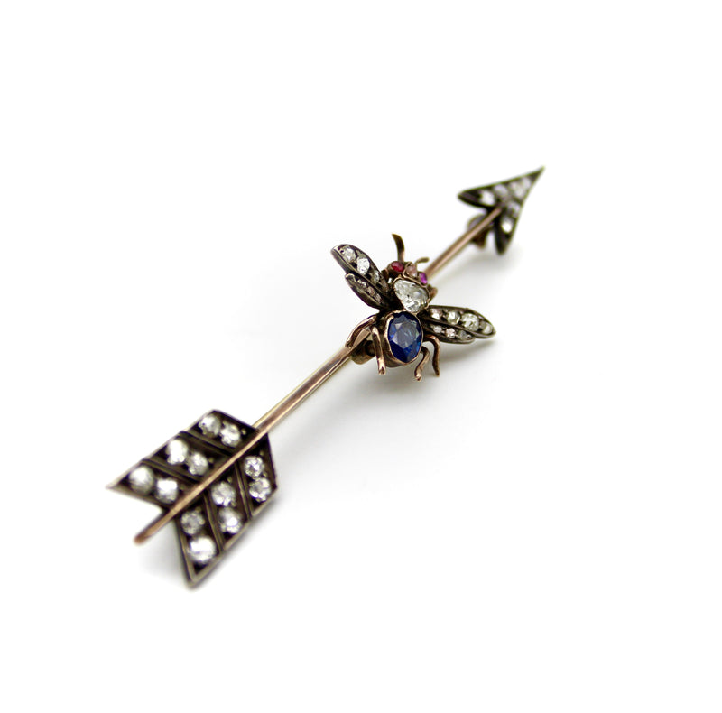 Victorian 10K Gold Diamond Ruby and Sapphire Fly and Arrow Brooch Brooch Kirsten's Corner 