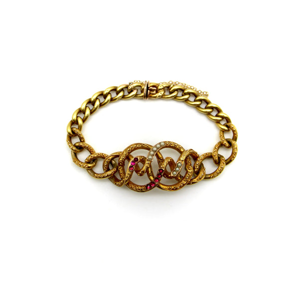14K Gold Etruscan Revival Lover’s Knot Bracelet with Garnets and Pearls Bracelet Kirsten's Corner 