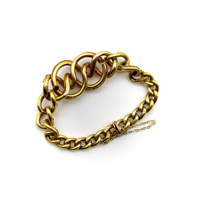 14K Gold Etruscan Revival Lover’s Knot Bracelet with Garnets and Pearls Bracelet Kirsten's Corner 
