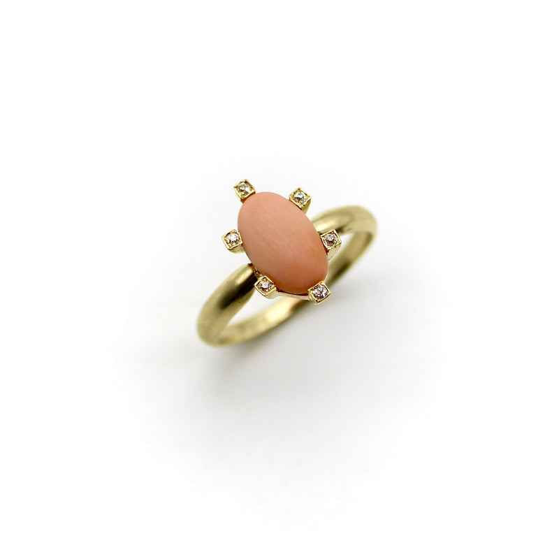 14K Gold Victorian Ring with Diamonds and Pink Coral Cabochon Ring Kirsten's Corner 