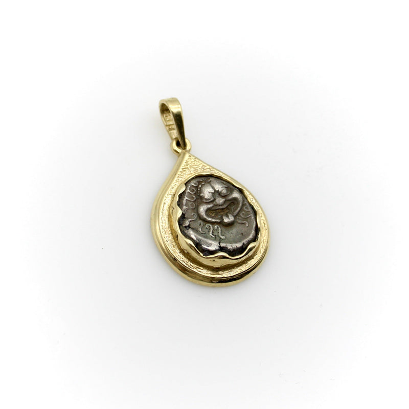Ancient Silver Drachma Coin with Medusa in 14K Gold Mount Pendant Kirsten's Corner 