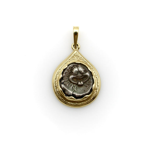 Ancient Silver Drachma Coin with Medusa in 14K Gold Mount Pendant Kirsten's Corner 