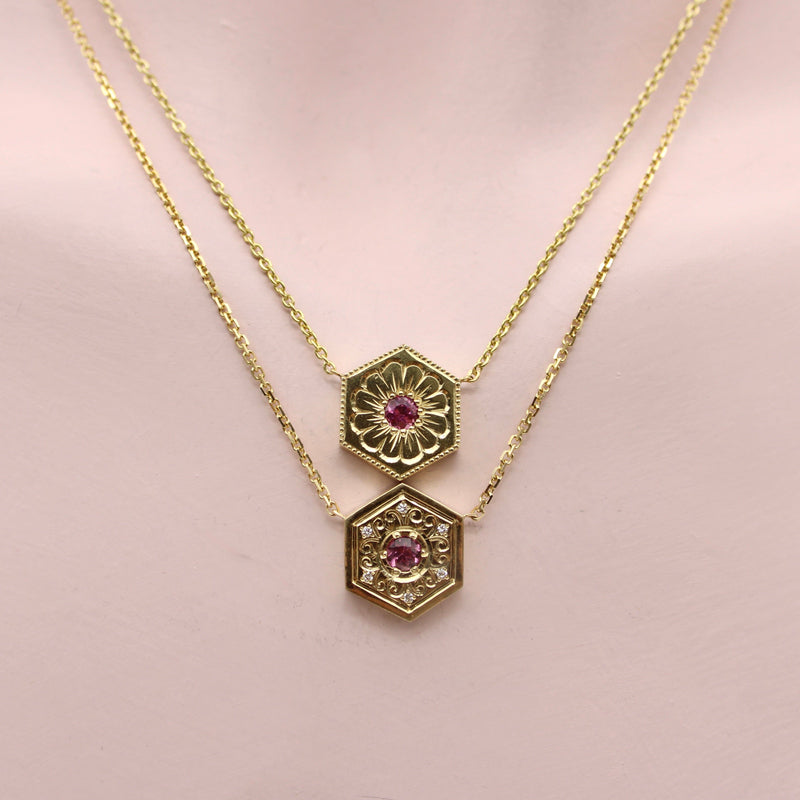 14K Gold Mandala Medallion Necklace with Pink Tourmaline Necklace Kirsten's Corner 