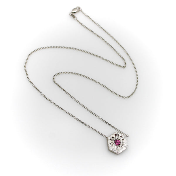 14K White Gold and Pink Tourmaline Medallion Necklace Necklace Kirsten's Corner 