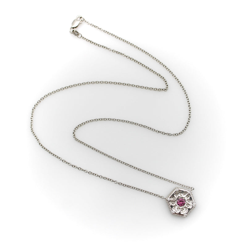 14K White Gold and Pink Tourmaline Medallion Necklace Necklace Kirsten's Corner 