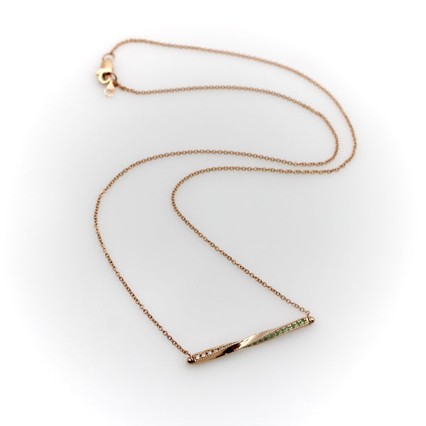 14K Rose Gold Spiral Bar Necklace with Diamonds and Tsavorite Garnets Necklace Kirsten's Corner 