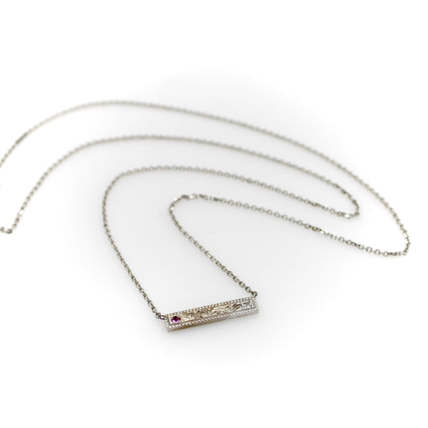 14K White Gold Bar Necklace with Diamond and Pink Tourmaline Necklace Kirsten's Corner 