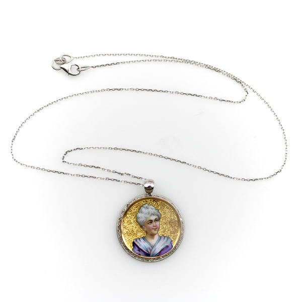 14K Gold Victorian Enamel Miniature Portrait Medallion with 14K Gold Chain Charm Kirsten's Corner Jewelry 
