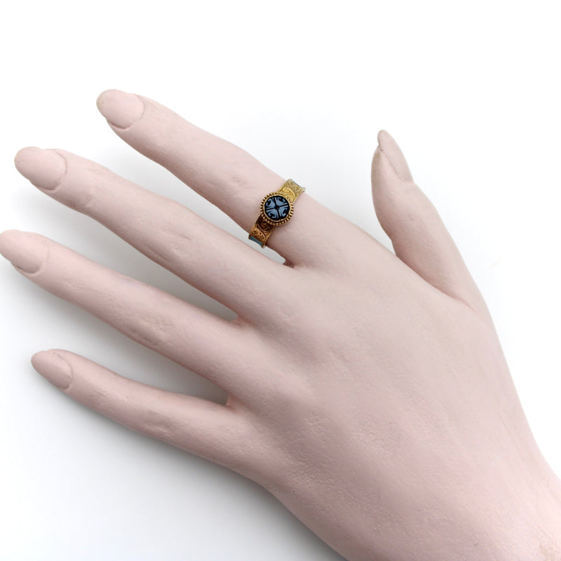 14K Gold Victorian Banded Agate and Turquoise Enamel Mourning Ring Ring Kirsten's Corner 