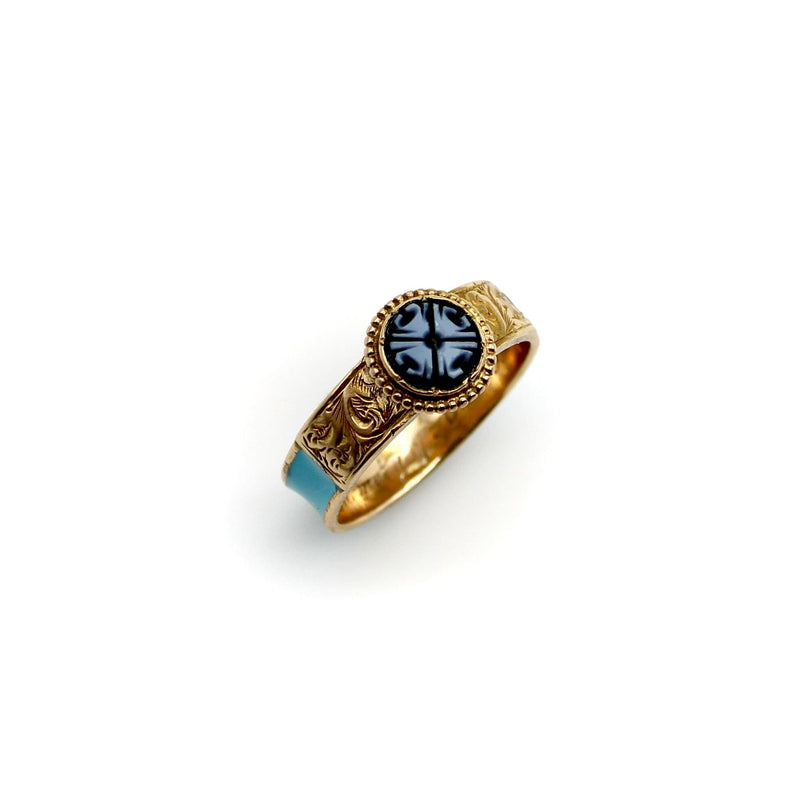 14K Gold Victorian Banded Agate and Turquoise Enamel Mourning Ring Ring Kirsten's Corner 