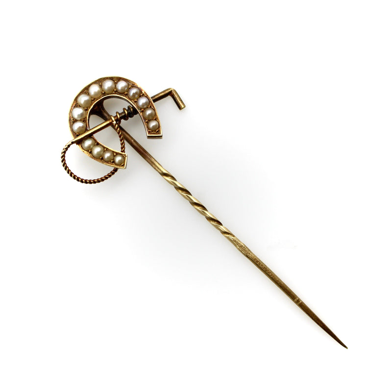 Edwardian 15K Gold & Pearl Horseshoe with Riding Crop Stick Pin Brooches, Pins Kirsten's Corner 