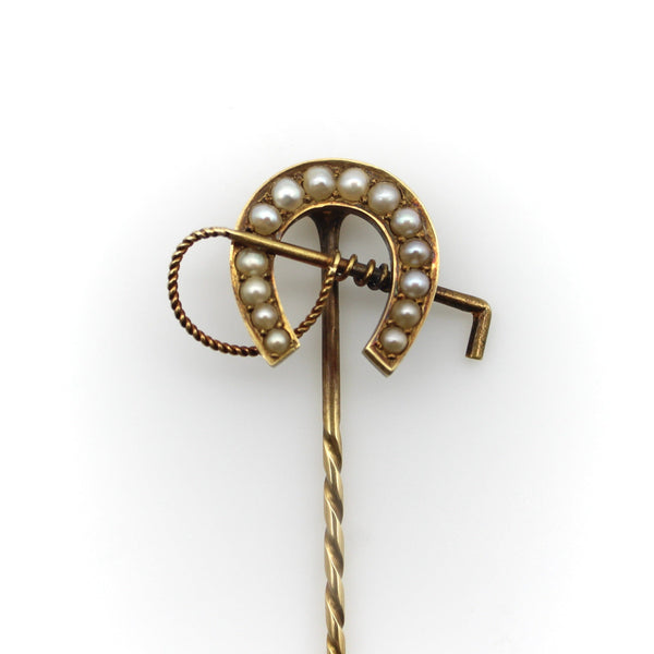 Edwardian 15K Gold & Pearl Horseshoe with Riding Crop Stick Pin Brooches, Pins Kirsten's Corner 