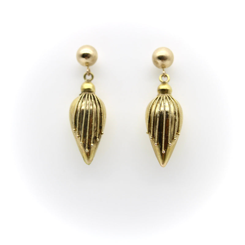 14K Gold Etruscan Revival Torpedo Earrings with Twisted Wirework Earrings Kirsten's Corner 