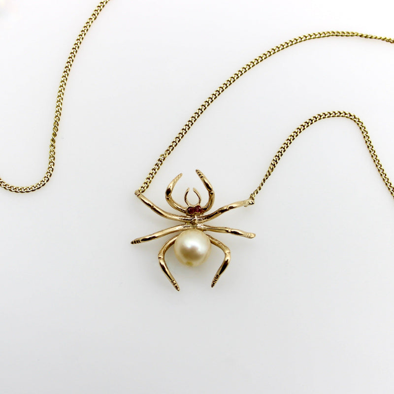14K Gold Mid-Century Spider Necklace with Pearls and Rubies Kirsten's Corner 