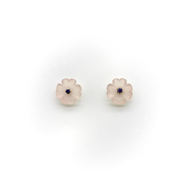 Carved Rose Quartz Flower Earrings with 14K Gold Mount Earrings Kirsten's Corner 
