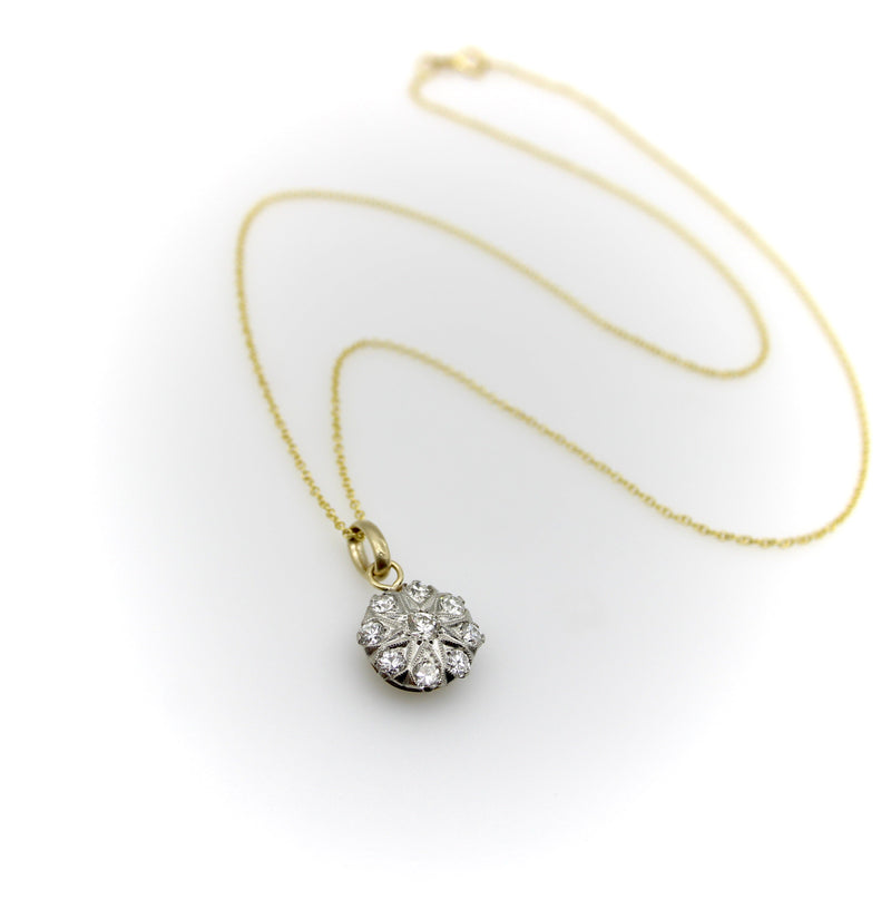 Edwardian Platinum-Topped Gold-Backed Diamond Flower Pendant with 14K Gold Chain Necklaces, Pendants Kirsten's Corner 