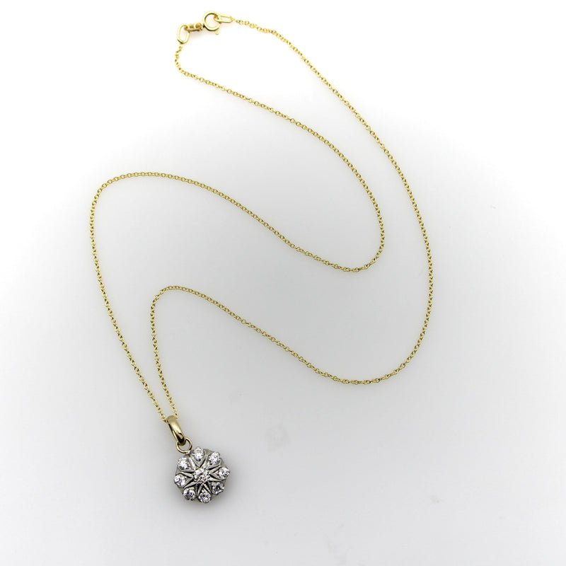Edwardian Platinum-Topped Gold-Backed Diamond Flower Pendant with 14K Gold Chain Necklaces, Pendants Kirsten's Corner 