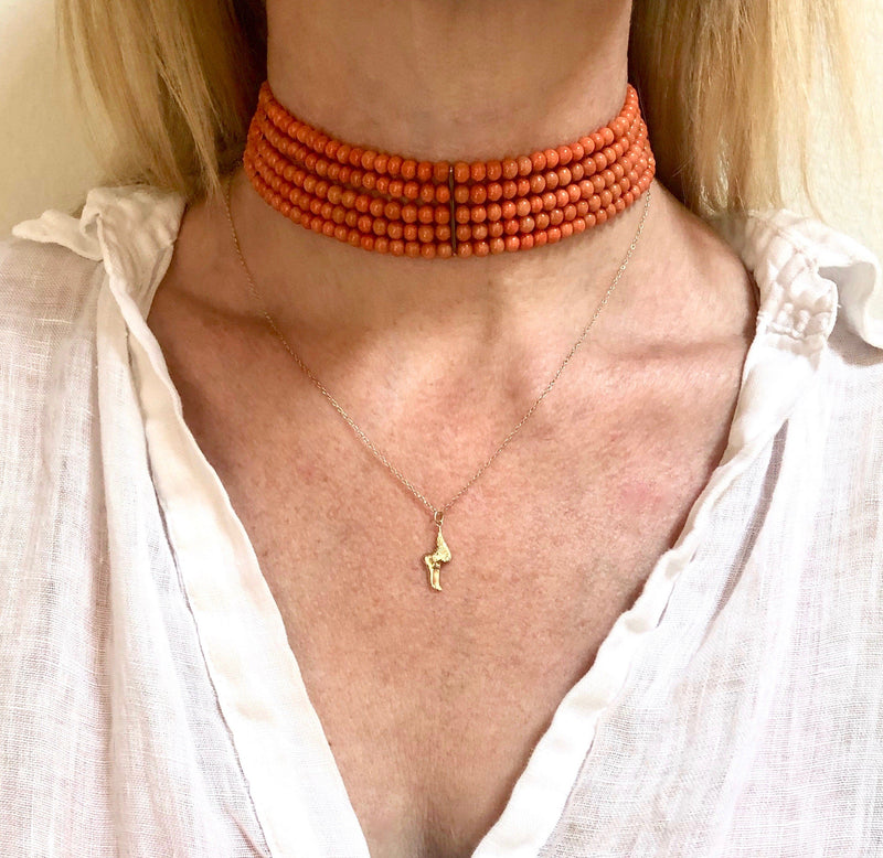Victorian 5 Strand Coral Choker With 10k Gold Bars & Clasp Necklace Kirsten's Corner Jewelry 