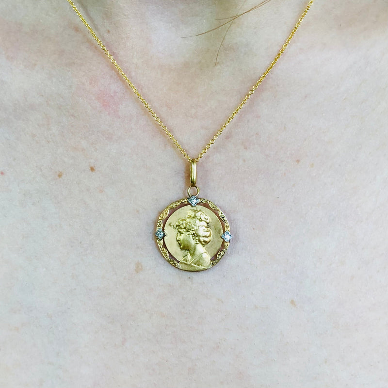 18K Gold Art Nouveau Pendant of Woman with Diamond Accents Pendant Kirsten's Corner 