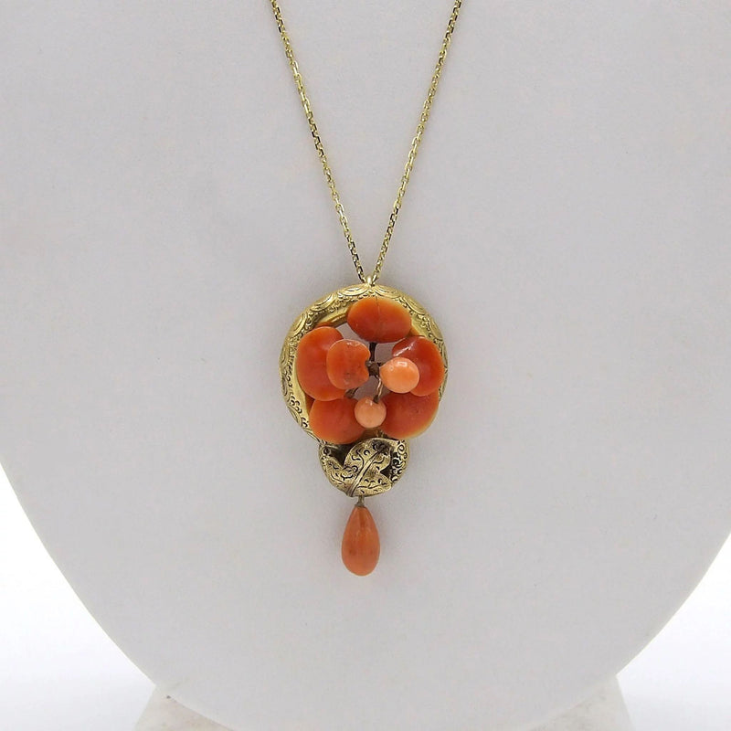 Victorian era 14KT Gold & Natural Coral Pendant with Chain Pendant Kirsten's Corner Jewelry 
